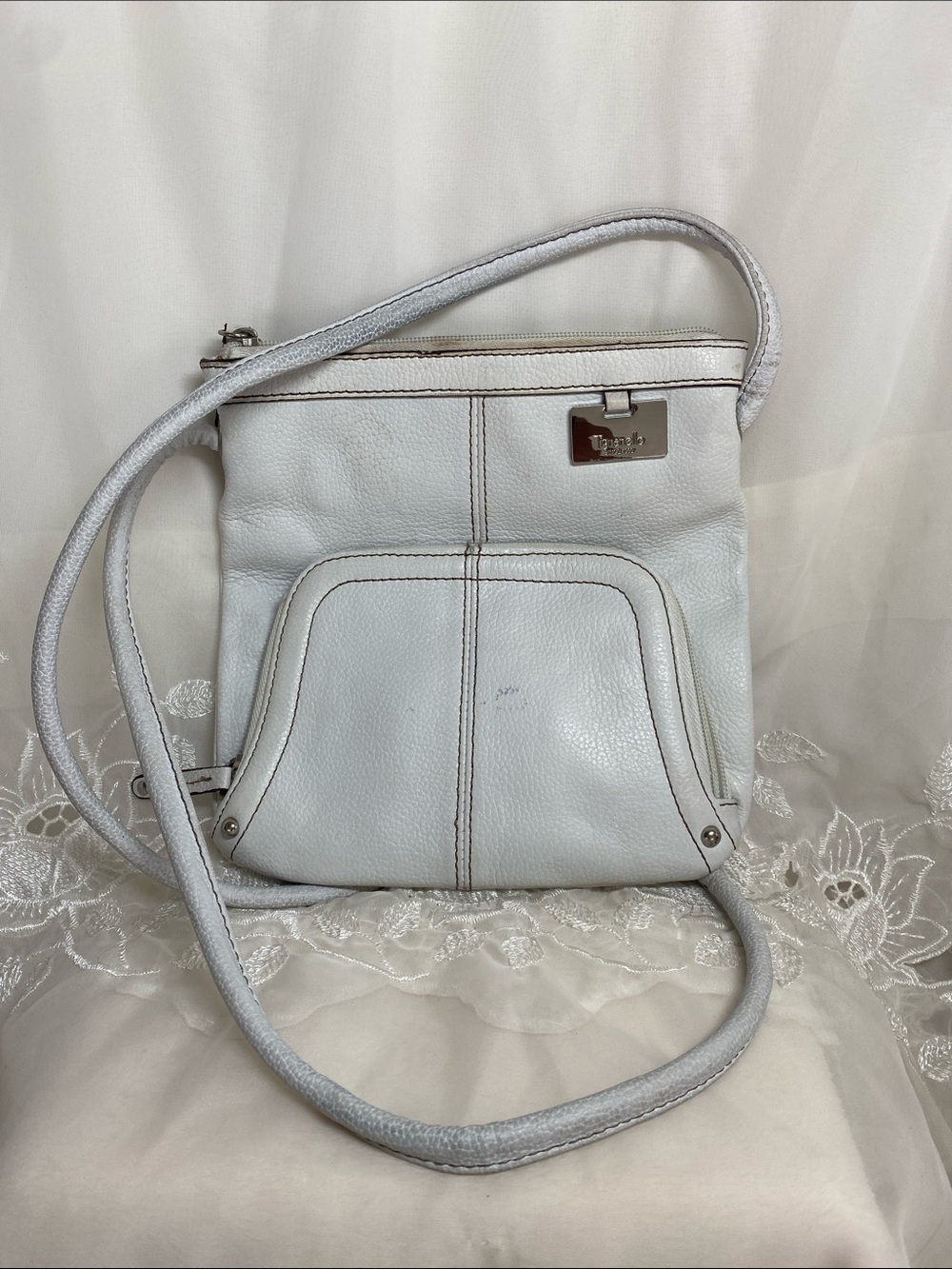 Tignanello White Pebbled Leather Crossbody Bag